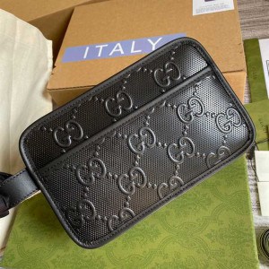 GG EMBOSSED COSMETIC CASE BLACK GG EMBOSSED LEATHER COTTON LINEN LINING